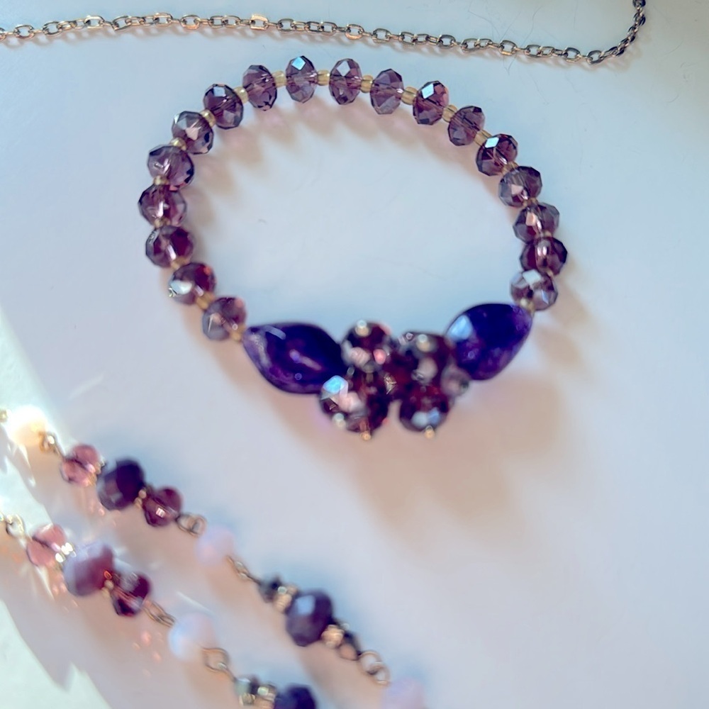 Purple Beaded Necklace Bracelet Set Gold Tone Tassel Boho Victorian Style